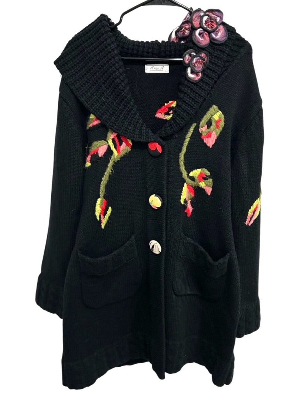 Anis.A Medium Black Knitted Embroidered Floral Sweater Coat Felt Flower Accents
